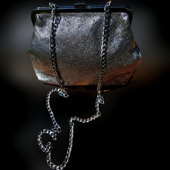 Vittoria Nipoli Genuine Leather Metalic Kiss Lock Silver Chain Evening Bag - Picture 1 of 11